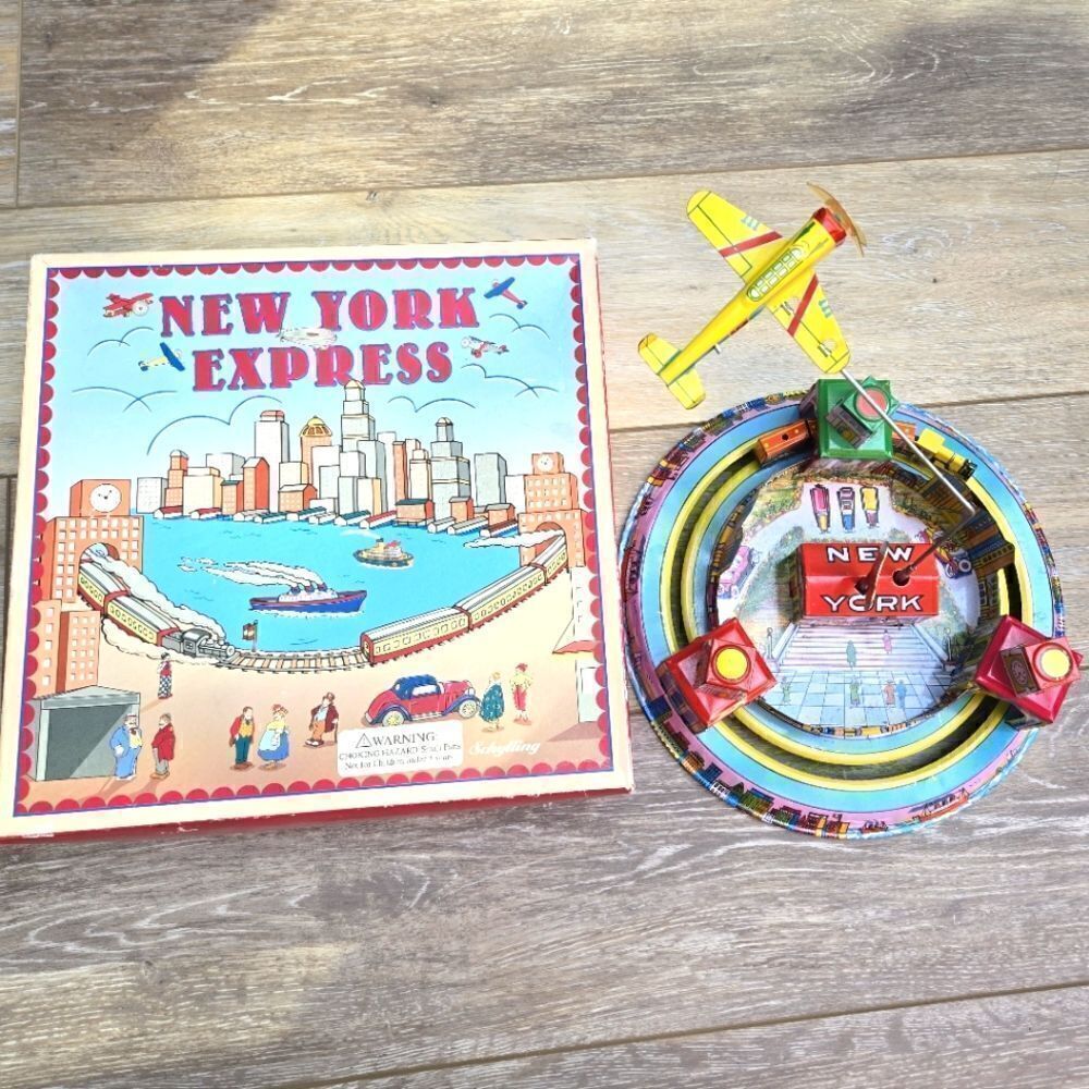New York Express tin wind up train and plane vintage collectible toy